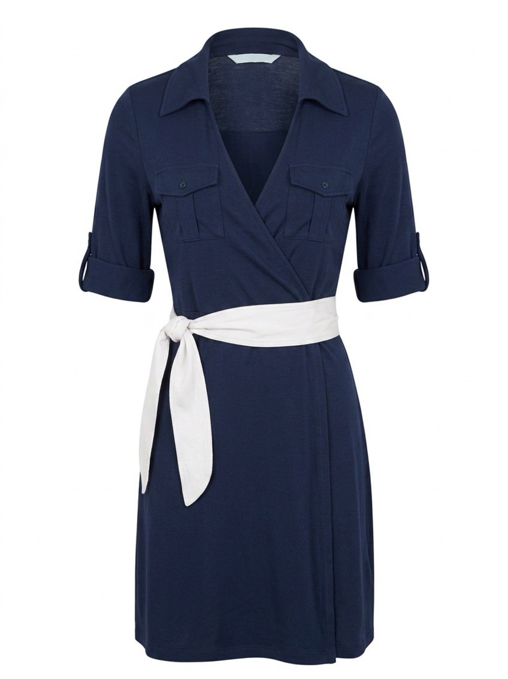Diane Von Furstenberg Black Wrap Midi Dress with Tan Waist Tie